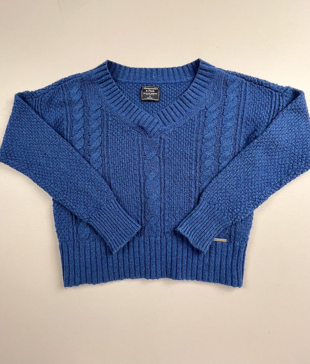 Abercrombie & Fitch Sweater Womens Small Blue V Neck Cable Knit Pullover Cropped